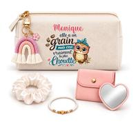 Coffret Trousse à Maquillage Monique la Plus Chouette | Trousse Coton, Miroir de Poche Cœur, Bracelet, Chouchou Satin, Porte-Clés | 5 Pièces | Cadeau Femme Anniversaire Fête Noël Original