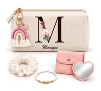 Coffret Trousse à Maquillage Monique Lettre Fleurie | Trousse Coton, Miroir de Poche Cœur, Bracelet, Chouchou Satin, Porte-Clés | 5 Pièces | Cadeau Femme Anniversaire Fête Noël Original