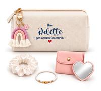 Coffret Trousse à Maquillage Odette Pas comme Les Autres | Trousse Coton, Miroir de Poche Cœur, Bracelet, Chouchou Satin, Porte-Clés | 5 Pièces | Cadeau Femme Anniversaire Fête Noël Original