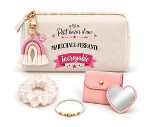 Coffret Trousse à Maquillage Petit Bazar d'une Maréchale Ferrante Incroyable | Trousse Coton, Miroir de Poche Cœur, Bracelet, Chouchou Satin, Porte-Clés | 5 Pièces | Cadeau Collègue Femme Départ