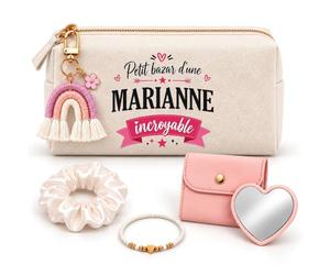 Coffret Trousse à Maquillage Petit Bazar d'une Marianne Incroyable | Trousse Coton, Miroir de Poche Cœur, Bracelet, Chouchou Satin, Porte-Clés | 5 Pièces | Cadeau Femme Anniversaire Fête Noël Original