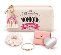 Coffret Trousse à Maquillage Petit Bazar d'une Monique Incroyable | Trousse Coton, Miroir de Poche Cœur, Bracelet, Chouchou Satin, Porte-Clés | 5 Pièces | Cadeau Femme Anniversaire Fête Noël Original