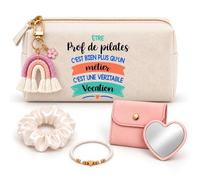 Coffret Trousse à Maquillage Prof de Pilates Une Vocation | Trousse Coton, Miroir de Poche Cœur, Bracelet, Chouchou Satin, Porte-Clés | 5 Pièces | Cadeau Fin d'Année École Remerciement