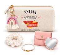 Coffret Trousse à Maquillage Sylvia Géniale sans Faire Exprès | Trousse Coton, Miroir de Poche Cœur, Bracelet, Chouchou Satin, Porte-Clés | 5 Pièces | Cadeau Femme Anniversaire Fête Noël Original