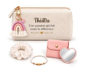Coffret Trousse à Maquillage Théâtre Une Passion | Trousse Coton, Miroir de Poche Cœur, Bracelet, Chouchou Satin, Porte-Clés | 5 Pièces | Cadeau Femme Anniversaire Fête Noël Original