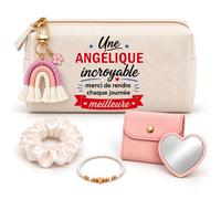 Coffret Trousse à Maquillage Une Angélique Incroyable | Trousse Coton, Miroir de Poche Cœur, Bracelet, Chouchou Satin, Porte-Clés | 5 Pièces | Cadeau Femme Anniversaire Fête Noël Original