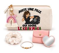 Coffret Trousse à Maquillage Une Fille Qui Adore Le Krav-Maga | Trousse Coton, Miroir de Poche Cœur, Bracelet, Chouchou Satin, Porte-Clés | 5 Pièces | Cadeau Femme Passionné Humour Original