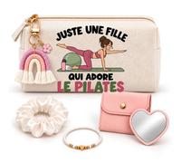 Coffret Trousse à Maquillage Une Fille qui Adore le Pilates | Trousse Coton, Miroir de Poche Cœur, Bracelet, Chouchou Satin, Porte-Clés | 5 Pièces | Cadeau Femme Passionné Humour Original Anniversaire
