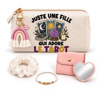 Coffret Trousse à Maquillage Une Fille Qui Adore Le Tarot | Trousse Coton, Miroir de Poche Cœur, Bracelet, Chouchou Satin, Porte-Clés | 5 Pièces | Cadeau Femme Passionné Humour Original Anniversaire