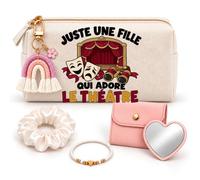 Coffret Trousse à Maquillage Une Fille qui Adore le Théâtre | Trousse Coton, Miroir de Poche Cœur, Bracelet, Chouchou Satin, Porte-Clés | 5 Pièces | Cadeau Femme Passionné Humour Original Anniversaire