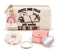 Coffret Trousse à Maquillage Une Fille qui Adore l'Écriture | Trousse Coton, Miroir de Poche Cœur, Bracelet, Chouchou Satin, Porte-Clés | 5 Pièces | Cadeau Femme Passionné Humour Original Anniversaire