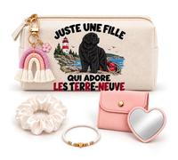 Coffret Trousse à Maquillage Une Fille Qui Adore Les Terre-Neuve | Trousse Coton, Miroir de Poche Cœur, Bracelet, Chouchou Satin, Porte-Clés | 5 Pièces | Cadeau Femme Passionné Humour Original