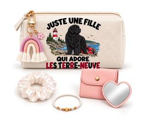 Coffret Trousse à Maquillage Une Fille Qui Adore Les Terre-Neuve | Trousse Coton, Miroir de Poche Cœur, Bracelet, Chouchou Satin, Porte-Clés | 5 Pièces | Cadeau Femme Passionné Humour Original
