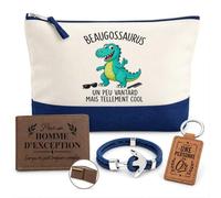 Coffret Trousse de Toilette Homme Beaugossaurus Vantard mais Cool | Pochette Coton 5 L + Portefeuille Gravé, Porte-Clés, Bracelet Ancre | 4 Pièces | Cadeau Anniversaire Noël