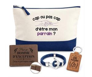 Coffret Trousse de Toilette Homme Cap ou Pas Cap d'Être Mon Parrain | Pochette Coton 5 L + Portefeuille Gravé, Porte-Clés, Bracelet Ancre | 4 Pièces | Cadeau Baptême Anniversaire Noël