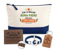 Coffret Trousse de Toilette Homme Être Le Meilleur Beau-Frère C'est Mon Super Pouvoir | Pochette Coton 5 L + Portefeuille Gravé, Porte-Clés, Bracelet Ancre | 4 Pièces