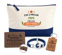 Coffret Trousse de Toilette Homme Être Le Meilleur Pépé | Pochette Coton 5 L + Portefeuille Gravé, Porte-Clés, Bracelet Ancre | 4 Pièces | Cadeau Fête des Grands-Pères Anniversaire Noël