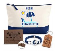 Coffret Trousse de Toilette Homme Henri en Vacances | Pochette Coton 5 L + Portefeuille Gravé, Porte-Clés, Bracelet Ancre | 4 Pièces | Cadeau Anniversaire Fête Noël Original