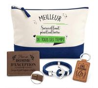 Coffret Trousse de Toilette Homme Meilleur Surveillant de Prison | Pochette Coton 5 L + Portefeuille Gravé, Porte-Clés, Bracelet Ancre | 4 Pièces | Cadeau Fin d'Année École Remerciement