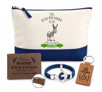 Coffret Trousse de Toilette Homme Téo il est têtu comme Un âne mais C'est pour ça qu'on l'adore Png Support | Pochette Coton 5 L + Portefeuille Gravé, Porte-Clés, Bracelet Ancre | 4 Pièces