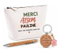 Coffret Trousse et Stylo Merci Atsem Pauline pour Ces instants avec toi | Cadeau Fin d'Année Scolaire Atsem ASEM École Maternelle | Cadeau de Remerciement | 3 Pièces