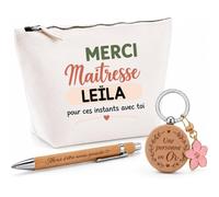 Coffret Trousse et Stylo Merci Maîtresse Leïla pour Ces instants avec toi | Cadeau Fin d'Année Scolaire Maîtresse Institutrice École Primaire | Cadeau de Remerciement | 3 Pièces