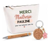 Coffret Trousse et Stylo Merci Maîtresse Pauline pour Ces instants avec toi | Cadeau Fin d'Année Scolaire Maîtresse Institutrice École Primaire | Cadeau de Remerciement | 3 Pièces