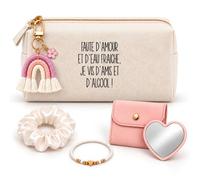 Coffret Trousse Je Vis d'amis et d'alcool | Trousse Coton, Miroir de Poche Cœur, Porte-Clés Arc-en-Ciel, Bracelet, Chouchou Satin | 5 Pièces | Cadeau Saint-Valentin Anniversaire Couple Noël