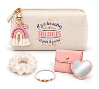 Coffret Trousse Les Autres Filleules et Toi | Trousse Coton, Miroir de Poche Cœur, Porte-Clés Arc-en-Ciel, Bracelet, Chouchou Satin | 5 Pièces | Cadeau Anniversaire Noël Naissance