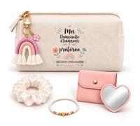 Coffret Trousse Ma Demoiselle d'honneur Préférée | Trousse Coton, Miroir de Poche Cœur, Porte-Clés Arc-en-Ciel, Bracelet, Chouchou Satin | 5 Pièces | Cadeau Mariage EVJF Remerciement Témoin