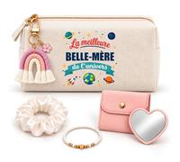 Coffret Trousse Meilleure Belle-Mère Univers | Trousse Coton, Miroir de Poche Cœur, Porte-Clés Arc-en-Ciel, Bracelet, Chouchou Satin | 5 Pièces | Cadeau Fête des Mères Anniversaire Noël