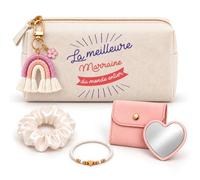 Coffret Trousse Meilleure Marraine du Monde | Trousse Coton, Miroir de Poche Cœur, Porte-Clés Arc-en-Ciel, Bracelet, Chouchou Satin | 5 Pièces | Cadeau Baptême Anniversaire Noël