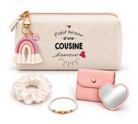 Coffret Trousse Petit Bazar d'une Cousine d'amour | Trousse Coton, Miroir de Poche Cœur, Porte-Clés Arc-en-Ciel, Bracelet, Chouchou Satin | 5 Pièces | Cadeau Anniversaire Noël Famille