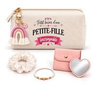 Coffret Trousse Petit Bazar d'une Petite-Fille Incroyable | Trousse Coton, Miroir de Poche Cœur, Porte-Clés Arc-en-Ciel, Bracelet, Chouchou Satin | 5 Pièces | Cadeau Anniversaire Noël Naissance