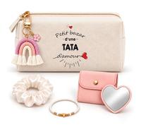 Coffret Trousse Petit Bazar d'une Tata d'amour | Trousse Coton, Miroir de Poche Cœur, Porte-Clés Arc-en-Ciel, Bracelet, Chouchou Satin | 5 Pièces | Cadeau Anniversaire Noël Famille