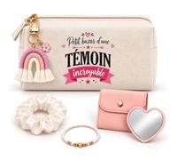 Coffret Trousse Petit Bazar d'une Témoin Incroyable | Trousse Coton, Miroir de Poche Cœur, Porte-Clés Arc-en-Ciel, Bracelet, Chouchou Satin | 5 Pièces | Cadeau Mariage EVJF EVG Remerciement Témoin