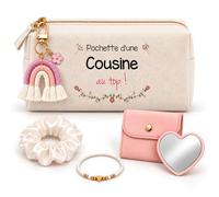 Coffret Trousse Pochette d'une Cousine au Top | Trousse Coton, Miroir de Poche Cœur, Porte-Clés Arc-en-Ciel, Bracelet, Chouchou Satin | 5 Pièces | Cadeau Anniversaire Noël Famille