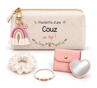 Coffret Trousse Pochette d'une Couz au Top | Trousse Coton, Miroir de Poche Cœur, Porte-Clés Arc-en-Ciel, Bracelet, Chouchou Satin | 5 Pièces | Cadeau Anniversaire Noël Famille