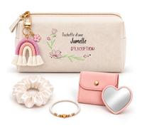 Coffret Trousse Pochette d'une Jumelle d'Exception | Trousse Coton, Miroir de Poche Cœur, Porte-Clés Arc-en-Ciel, Bracelet, Chouchou Satin | 5 Pièces | Cadeau Anniversaire Noël Famille