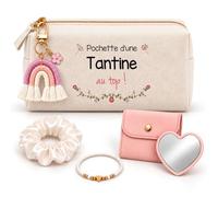 Coffret Trousse Pochette d'une Tantine au Top | Trousse Coton, Miroir de Poche Cœur, Porte-Clés Arc-en-Ciel, Bracelet, Chouchou Satin | 5 Pièces | Cadeau Anniversaire Noël Famille