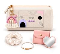 Coffret Trousse Sœur Fabuleuse | Trousse Coton, Miroir de Poche Cœur, Porte-Clés Arc-en-Ciel, Bracelet, Chouchou Satin | 5 Pièces | Cadeau Anniversaire Noël Famille