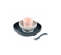 BÉABA, Set Vaisselle Silicone Repas Bébé, Avec Ventouse, Anti-dérapant, 4 Pièces, Assiette + Bol+ Verre + Cuillère, Silicone Saine et Durable, Compatible lave-vaisselle, Micro-onde, Night Blue