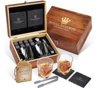 Coffret Whisky Cadeau - Verres, Glacon Pierre Reutilisable, Dessous de Verre, Pinces à Glace, Boîte en Bois, Cartes Recettes, Sac en Velours - Service a Whisky pour Homme de Royal Reserve
