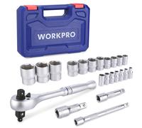 WORKPRO Jeu de 22 Douilles avec Clé à Cliquet 1/4", 3/8", 1/2" (72 Dents), 3 Barre d'Extension, Boîte Pratique et Résistante, Coffret Douille Cliquet pour Outillage Mecanique Auto