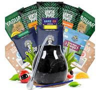 Coffret yerba mate complet avec calebasse céramique Smoked Black, bombilla et 10 échantillons 50g - sélection variée classique, énergisante et aromatisée pour découverte