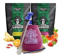 Coffret Yerba Mate Guarani 2 x 500 g (Forest Berries & Exotic Rain) + Calebasse Céramique Violette 350 ml + Bombilla Mercedes + Accessoires