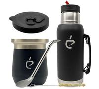 Coffret Yerba Maté Un Mate MateGo Kit Complet Thermolid DualFlow PRO Obsidian Black - bouteille isotherme 1000 ml, Tasse Isotherme 230 ml, Bombilla, Brosse, Coffret Cadeau Premium (Noir)