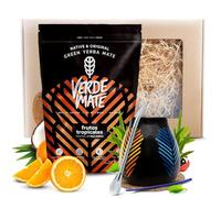 Coffret yerba maté Verde Mate Frutos Tropicales 400g calebasse bombilla | Kit complet de yerba maté fruitée 400g avec calebasse Samba, bombilla, nettoyeur et dessous de verre élégant