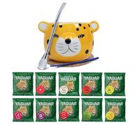 Coffret Yerba Mate Yaguar - Calebasse Céramique Yaguar Gatito, Bombilla, 10 x Échantillons de Yerba Mate 50 g, Kit Complet pour Maté