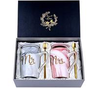 Coffrets Cadeaux couple Mariage Mr Mrs Tasse à Café en Céramique, avec Couvercle et Cuillère, pour Mariée et Le Marié -14 Oz